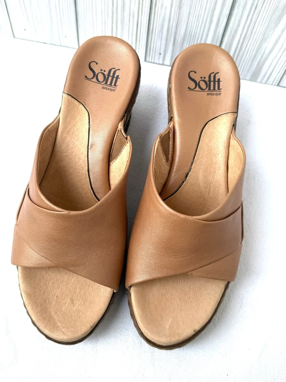 Sofft Tan Leather Wedge Sandals